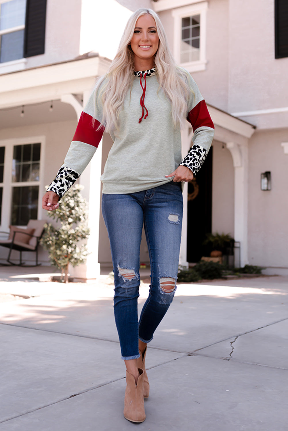 Leopard Color Block Drawstring Detail Sweatshirt