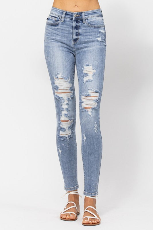 Judy Blue High Rise Bleach Splash Destroyed Skinny Jeans