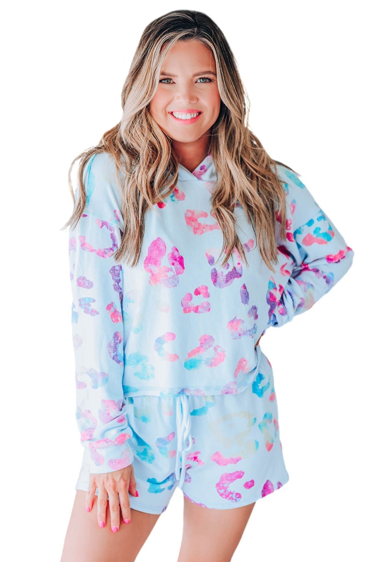 Sky Blue Leopard Print Hoodie And Shorts Set