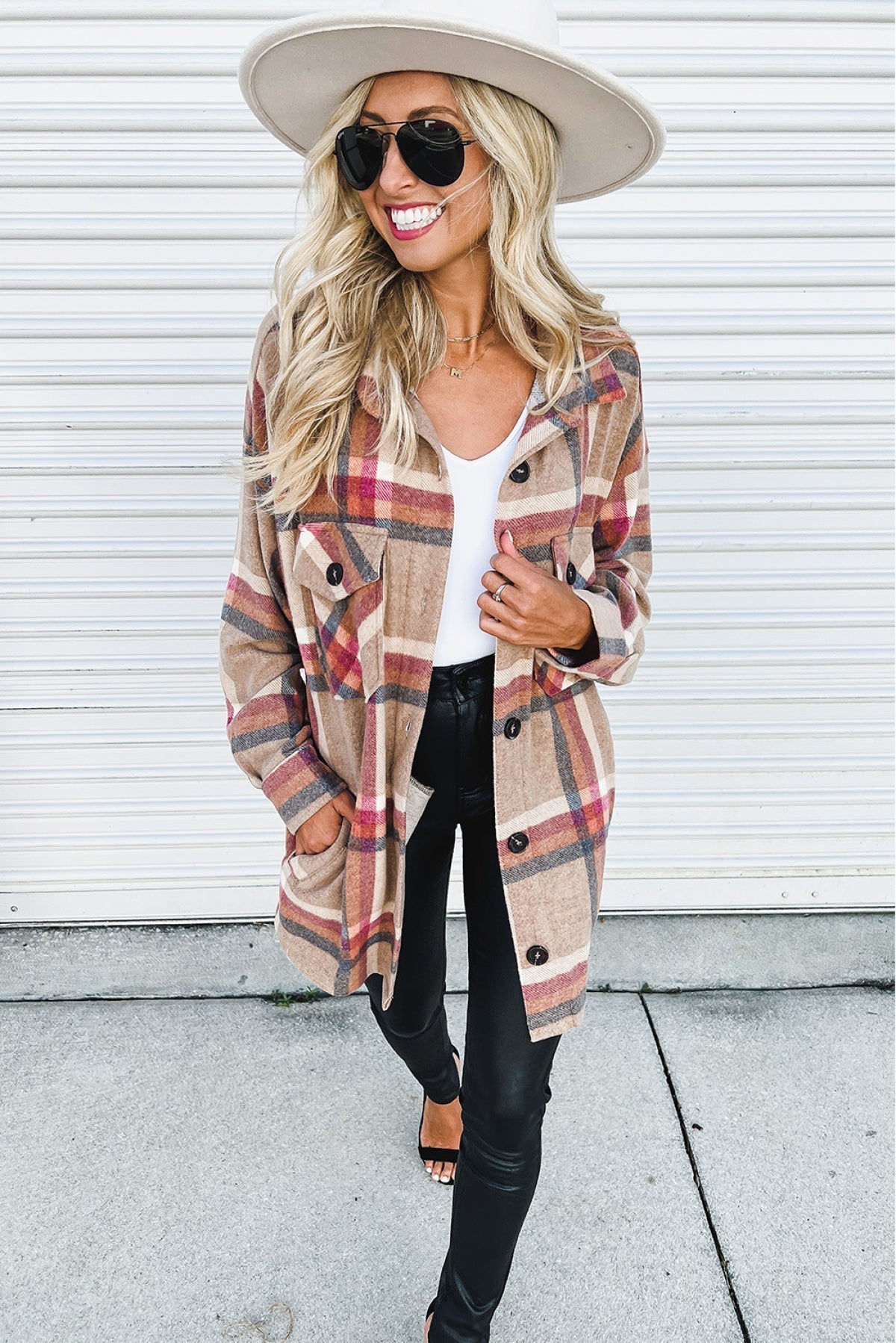 Khaki Chest Pockets Buttoned Oversized Plaid Shacket