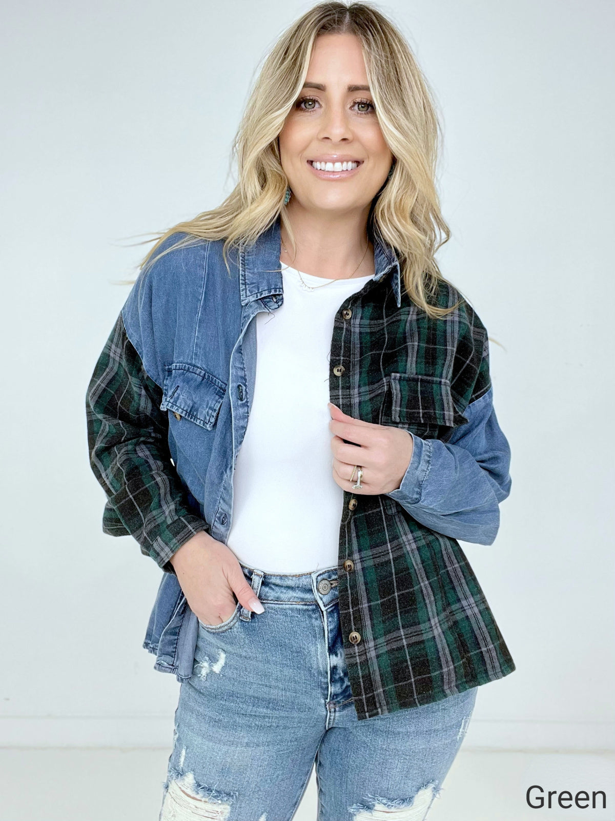 Easel "Plaid Denim Fusion" Washed Plaid Denim Shirt with Flap Pockets