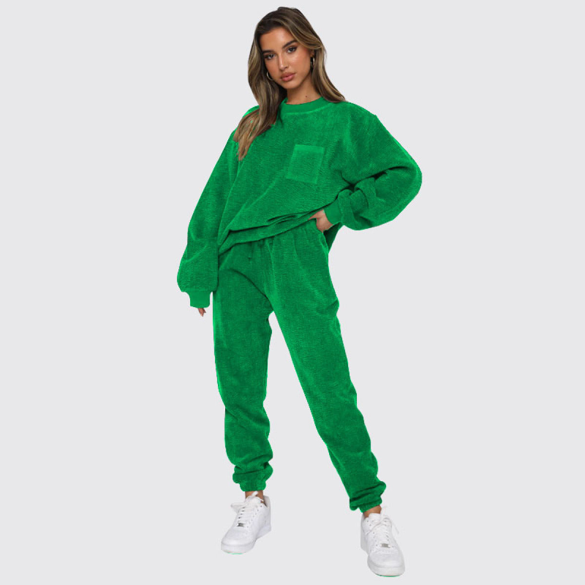 Corduroy Crew Neck Pullover Long Sleeve Sweatshirts & TiePants Two-Piece Sets