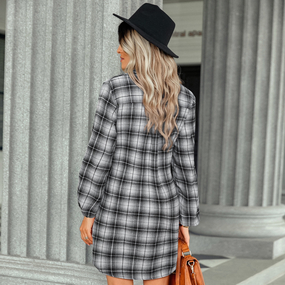 Long Sleeve Plaid Single-Breasted Shirt Dress with Belt