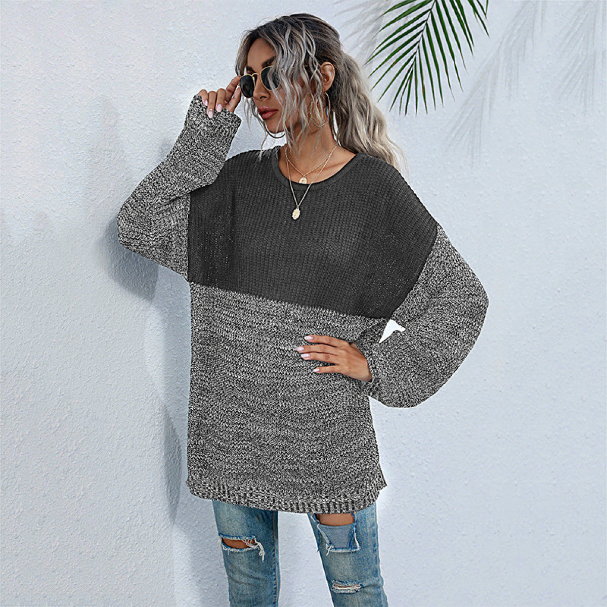 Colorblock Long Sleeve Mid-Length Knit Sweater