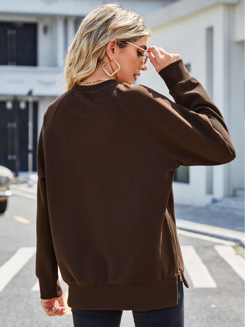 Zip Detail Round Neck Long Sleeve Sweatshirt