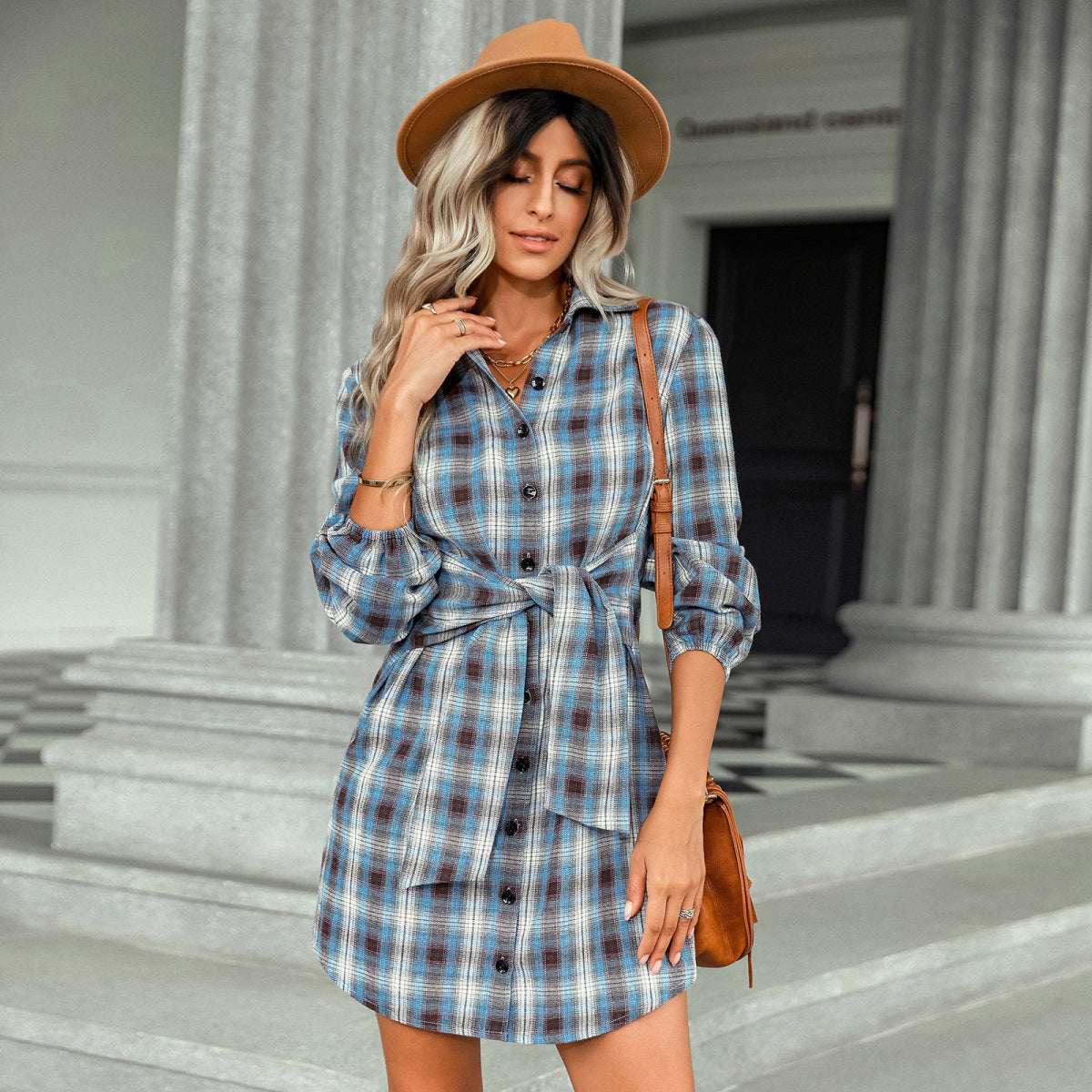 Long Sleeve Plaid Single-Breasted Shirt Dress with Belt