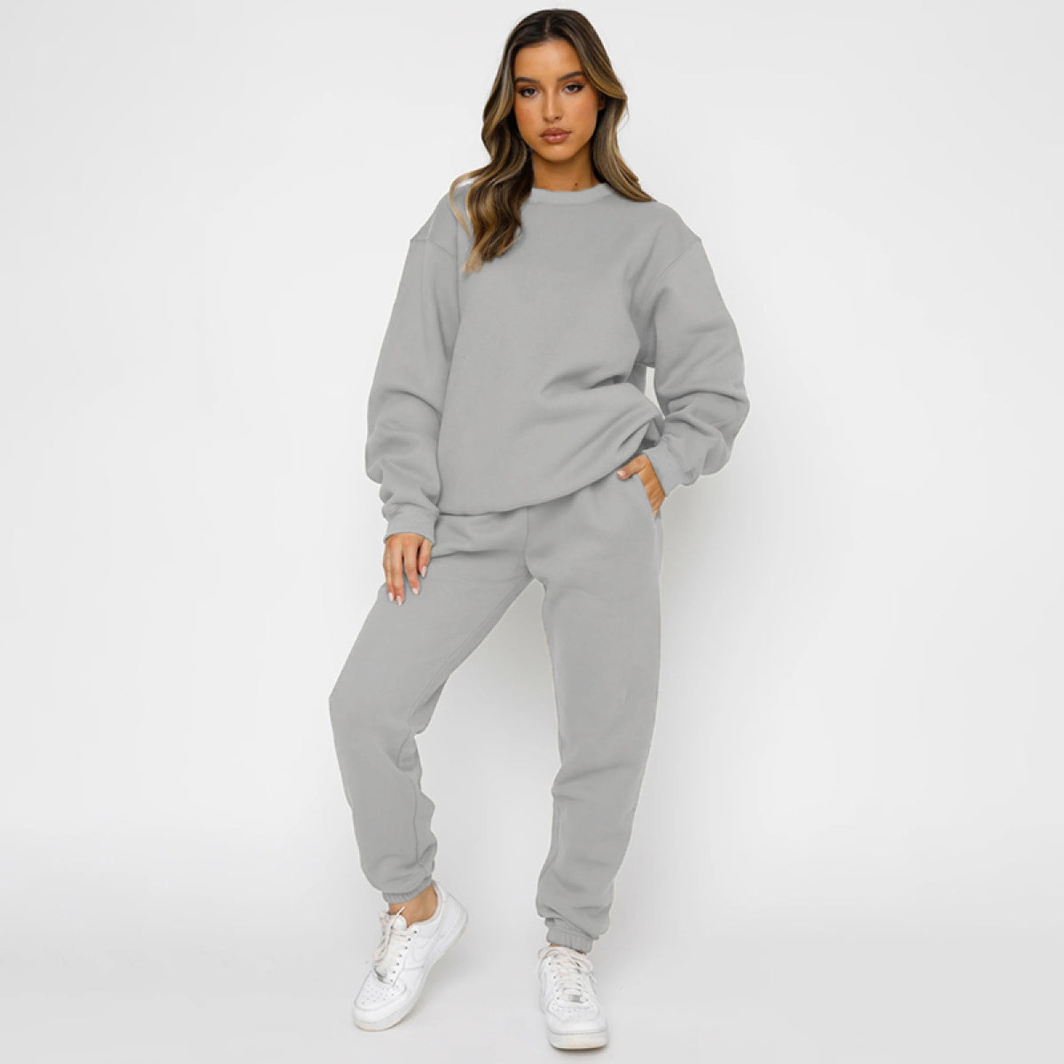 Solid Color Round Neck Long-Sleeved Sweatshirt & Sweatpants Set