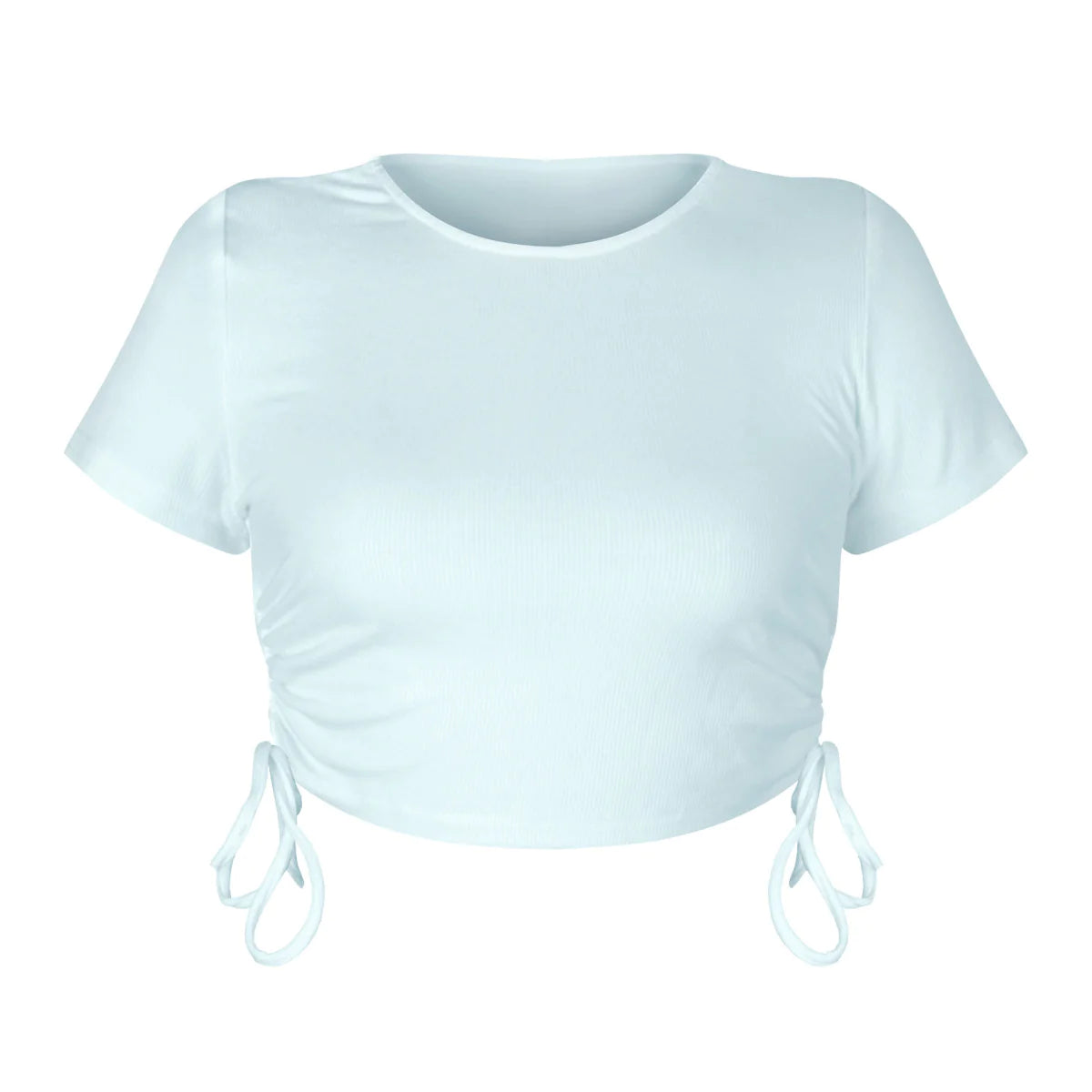 Round Neck Drawstring Rouching Solid Color Crop T-shirt