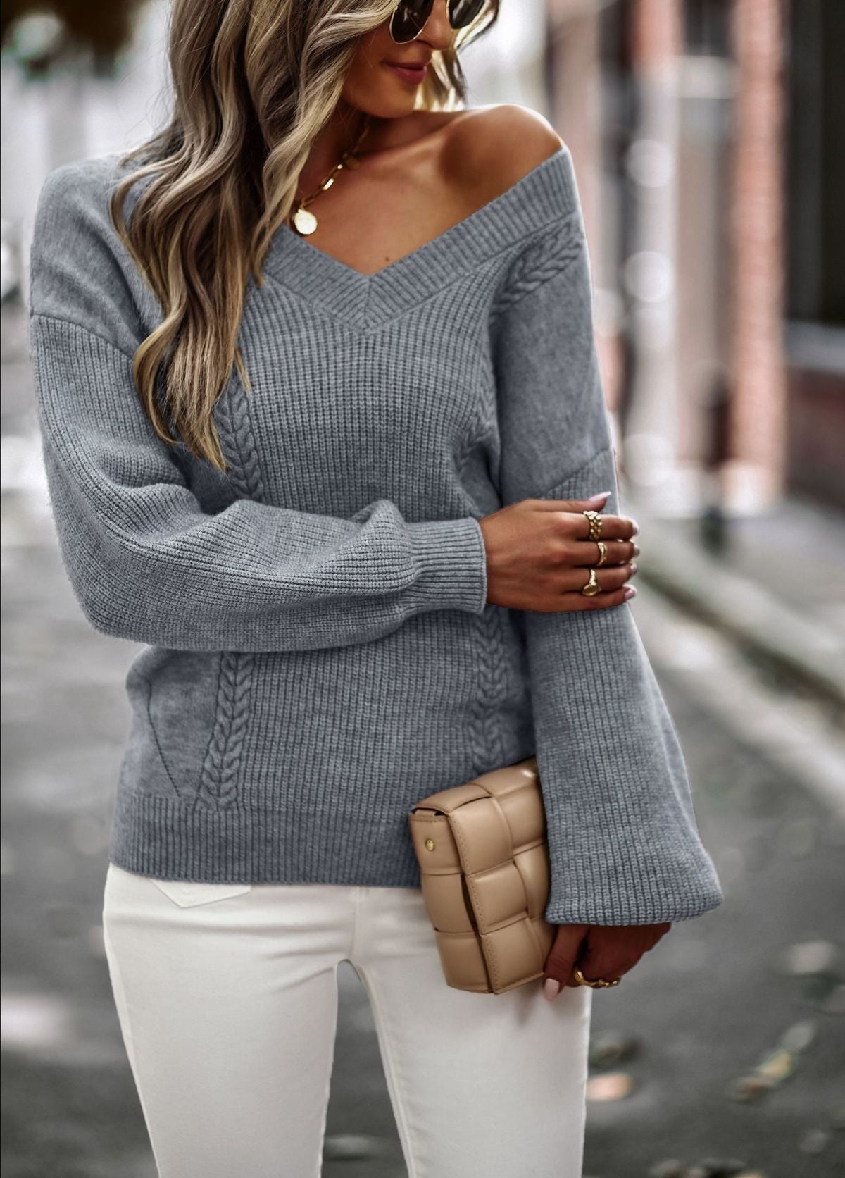 V-Neck Lantern Sleeve Cable Knitted Sweater