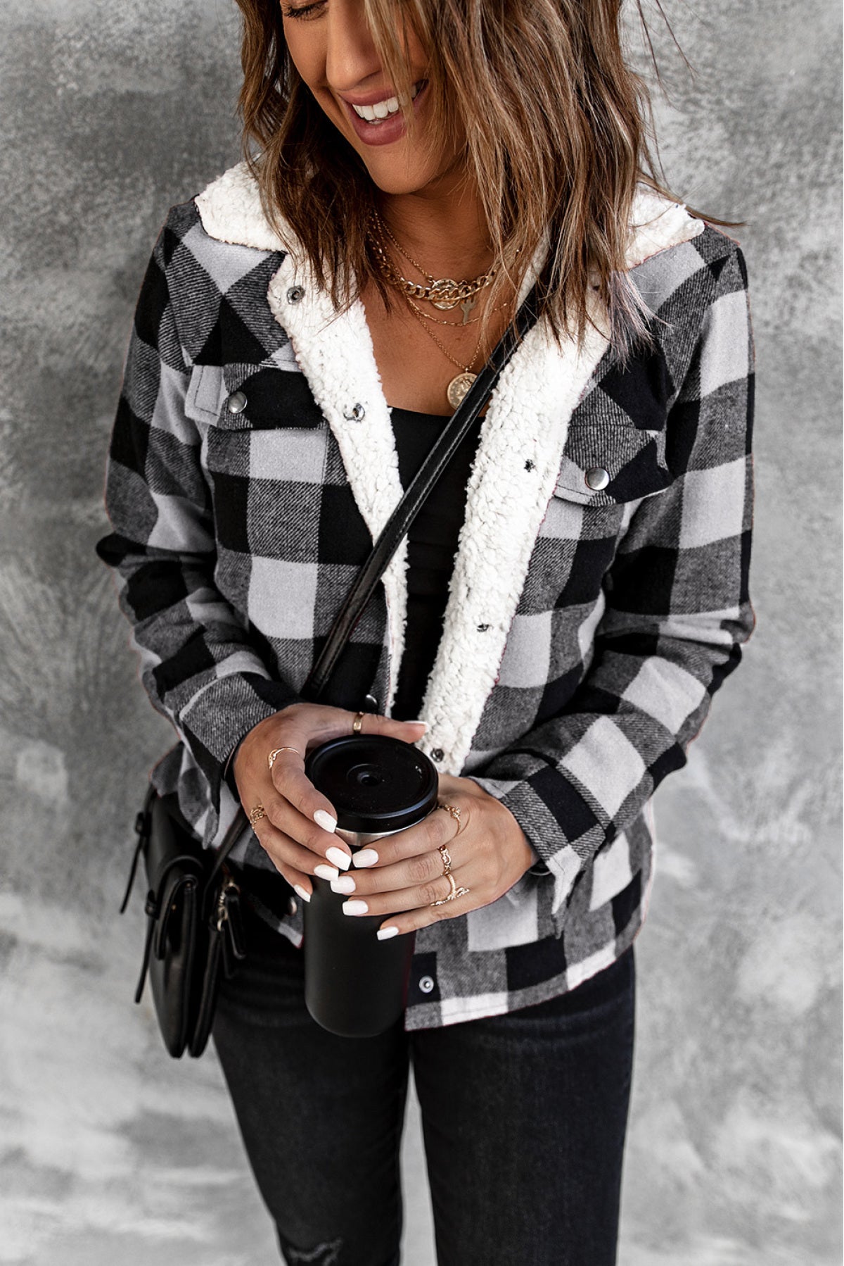 Plaid Print Fleece Button Jacket