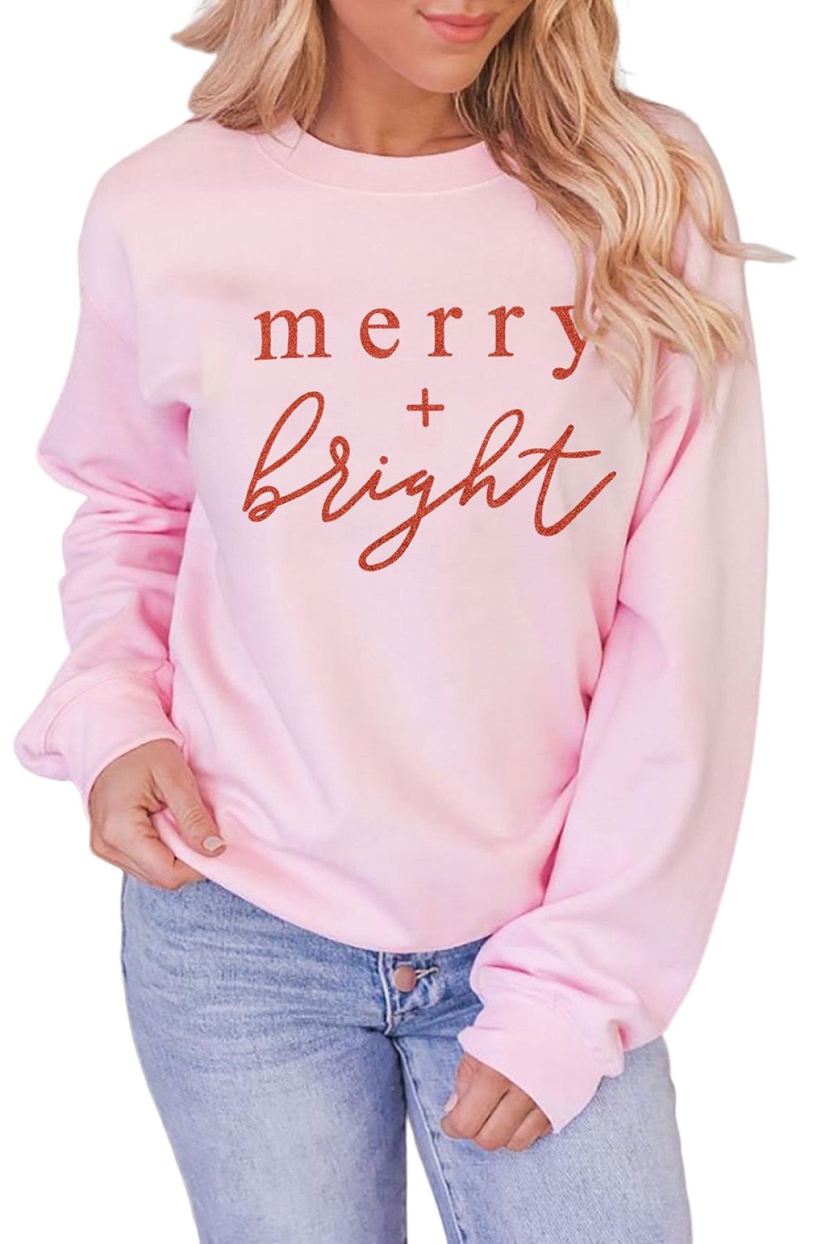 Pink Merry Bright Glitter Pattern Print Crew Neck Sweatshirt