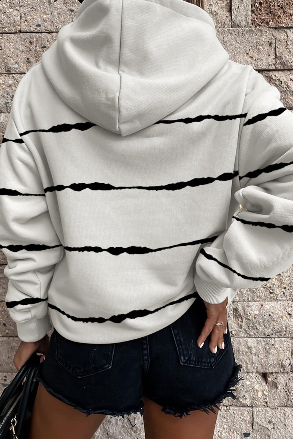 White Irregular Striped Kangaroo Pocket Hoodie