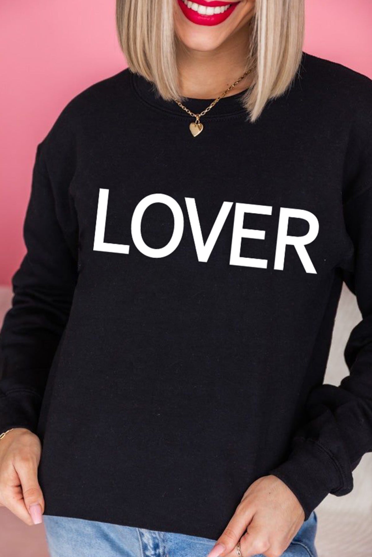 Black LOVER Letter Print Crew Neck Pullover Sweatshirt