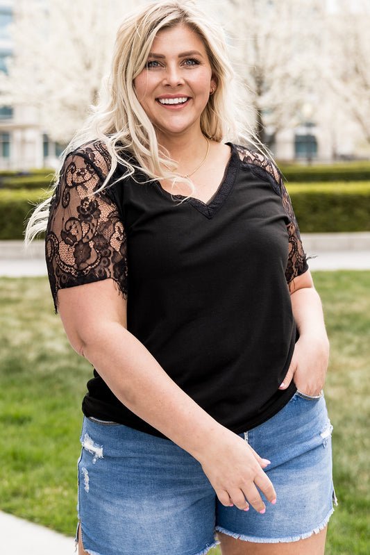 Plus Size Lace Short Sleeve V-Neck Tee