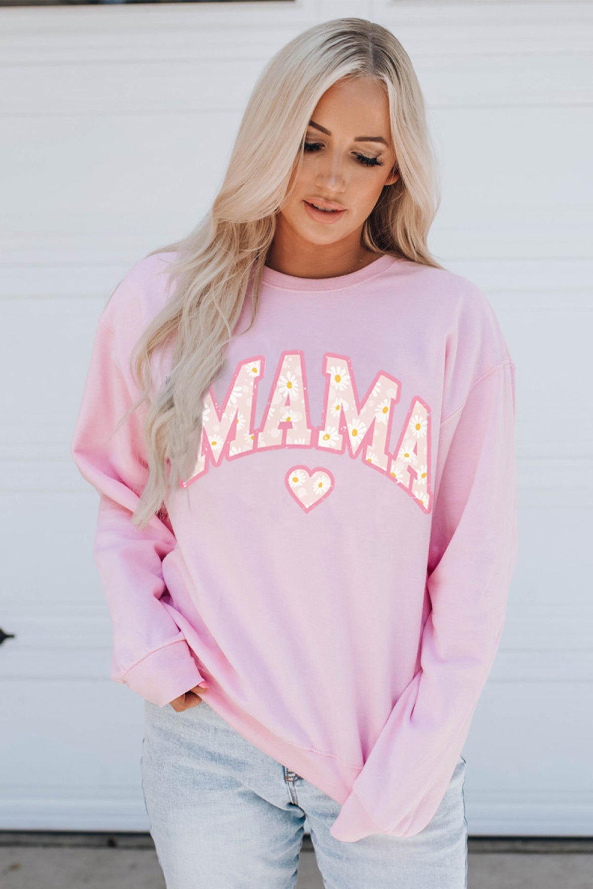 Pink Mama Letter Print Daisy Shading Sweatshirt