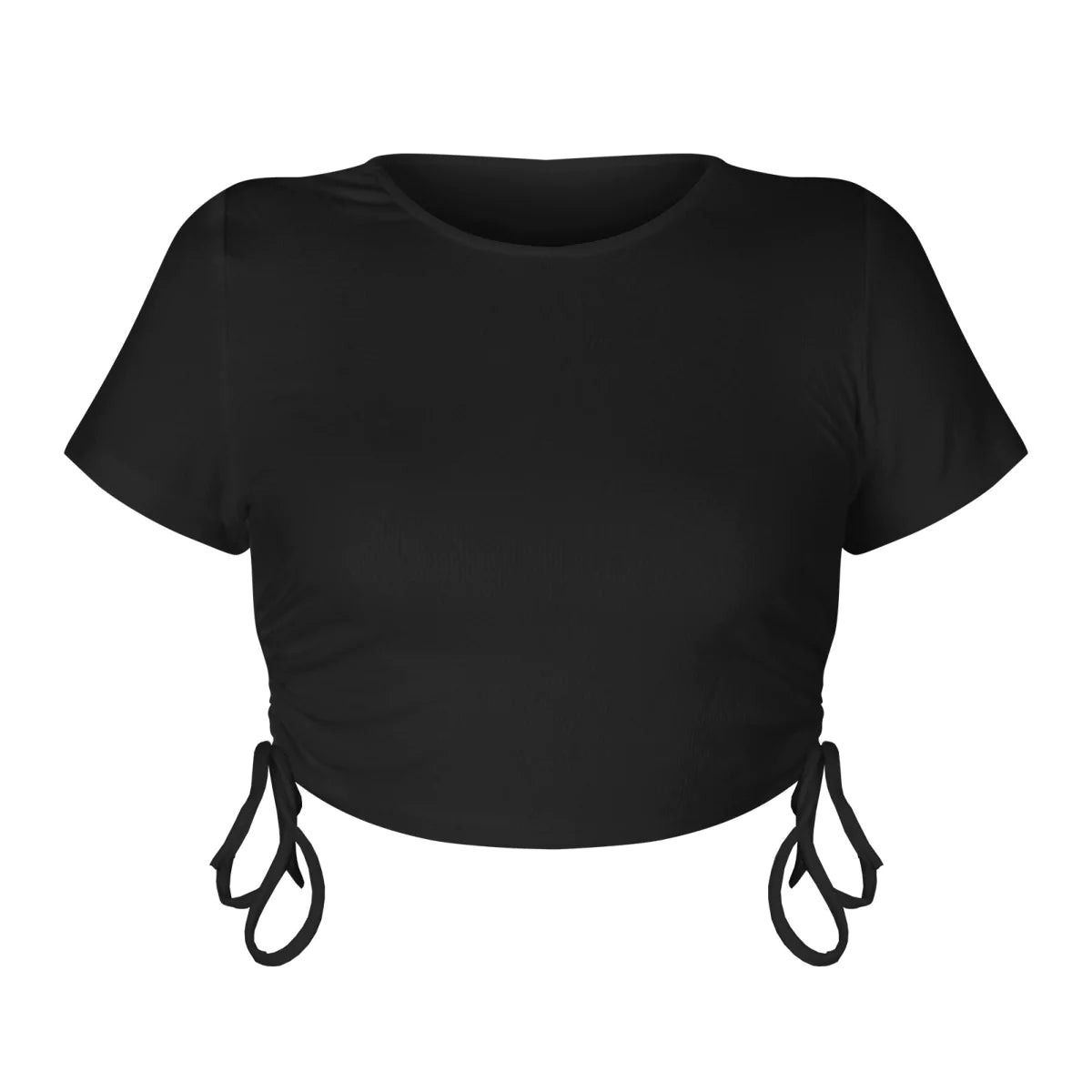 Round Neck Drawstring Rouching Solid Color Crop T-shirt