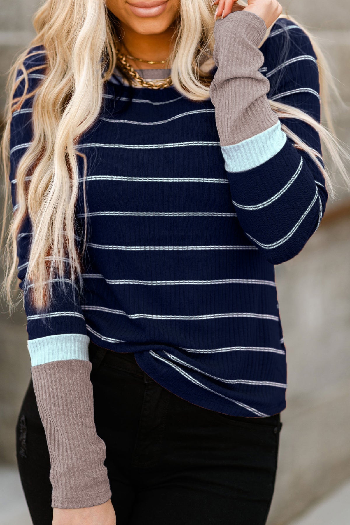 Extend Color Block Cuffs Rib Knit Striped Pullover