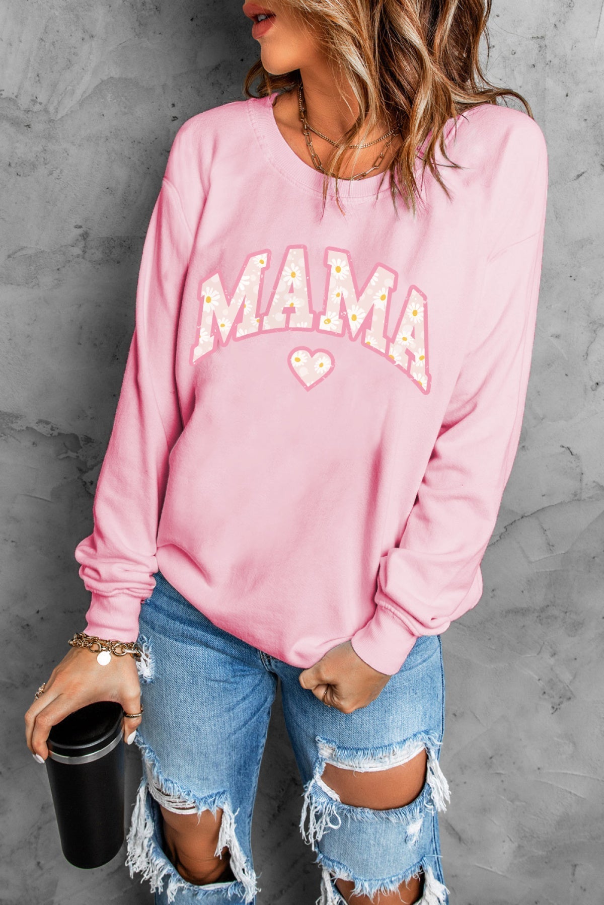 Pink Mama Letter Print Daisy Shading Sweatshirt