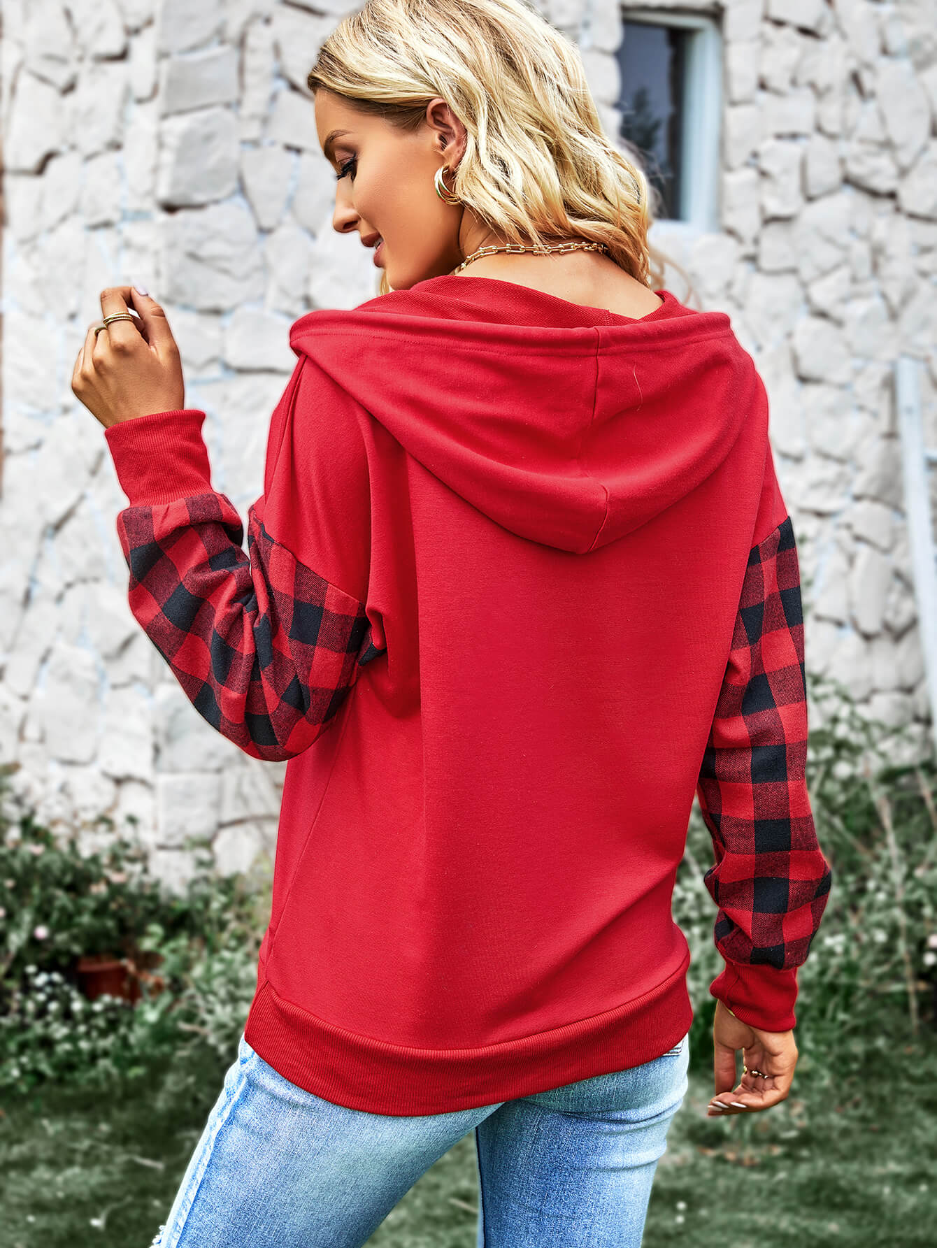 Plaid Two-Tone Quarter Snap Drawstring Detail Hoodie