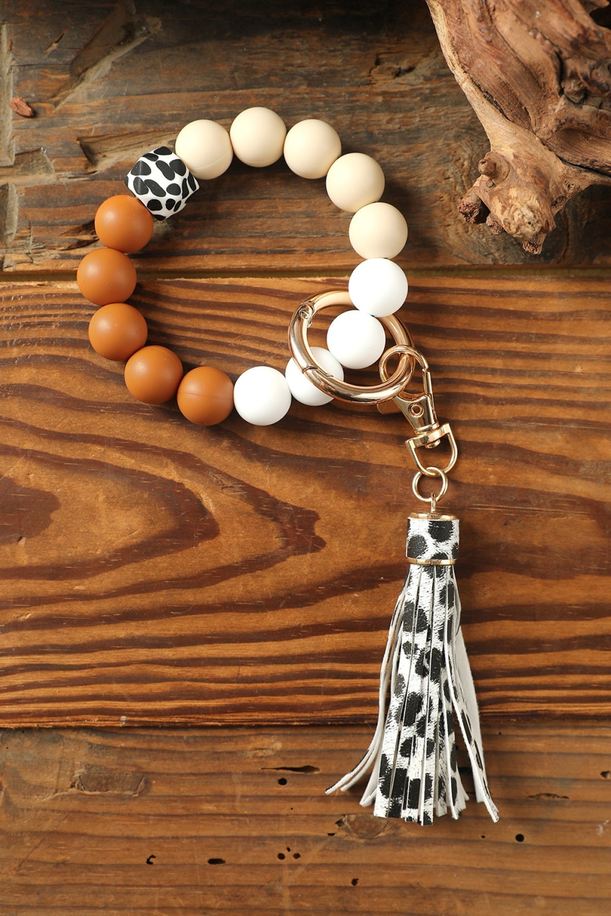 Multicolor Silicone Beads Bracelet Leopard Tassel Keyring