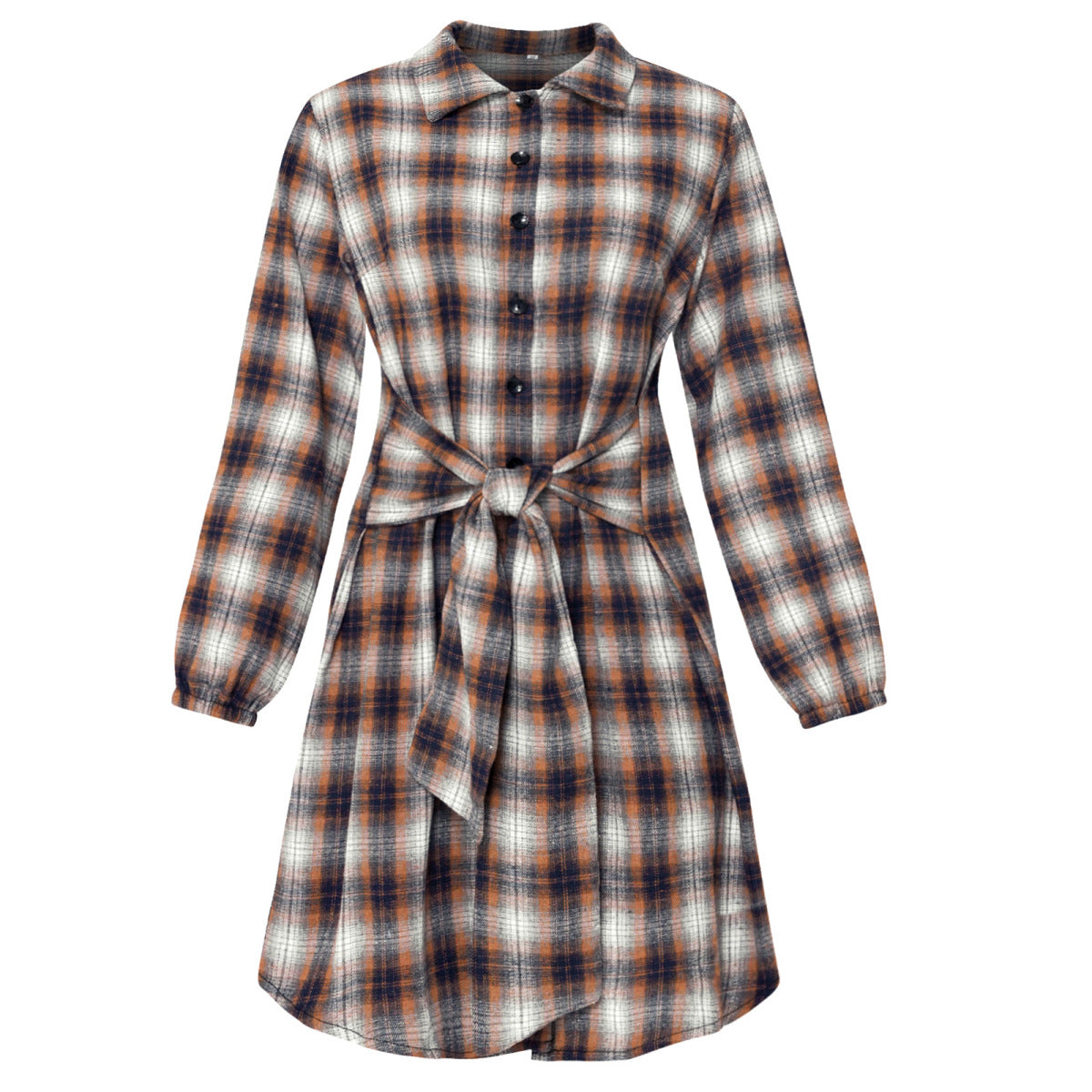 Long Sleeve Plaid Single-Breasted Shirt Dress with Belt