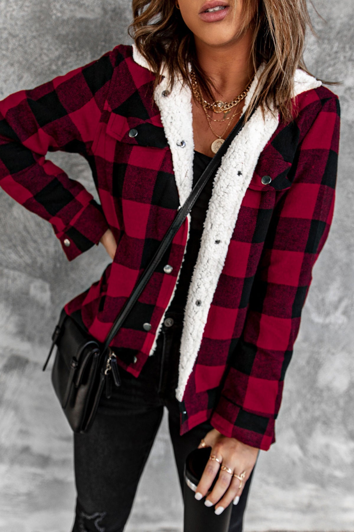 Plaid Print Fleece Button Jacket