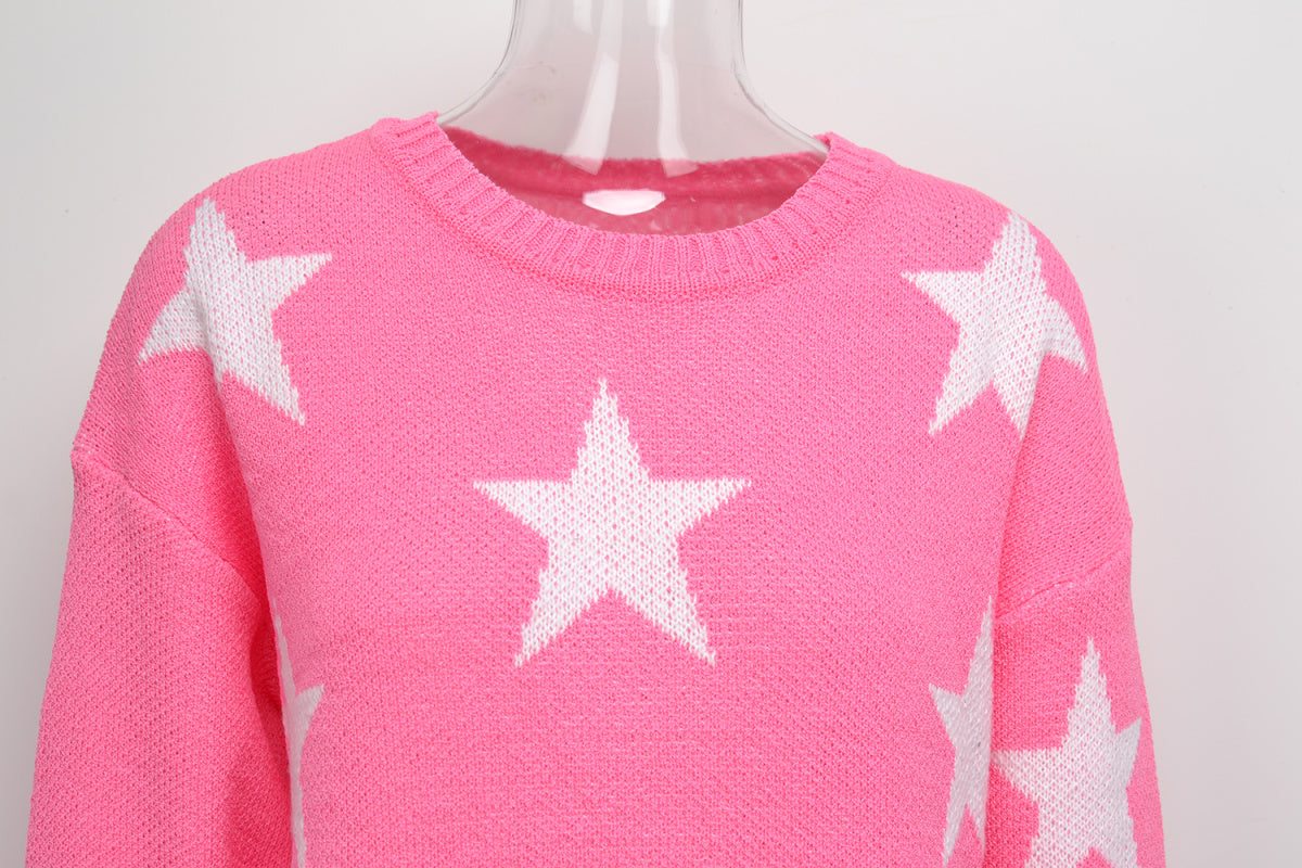 Crew Neck Long Sleeve Stars Graphics Sweater