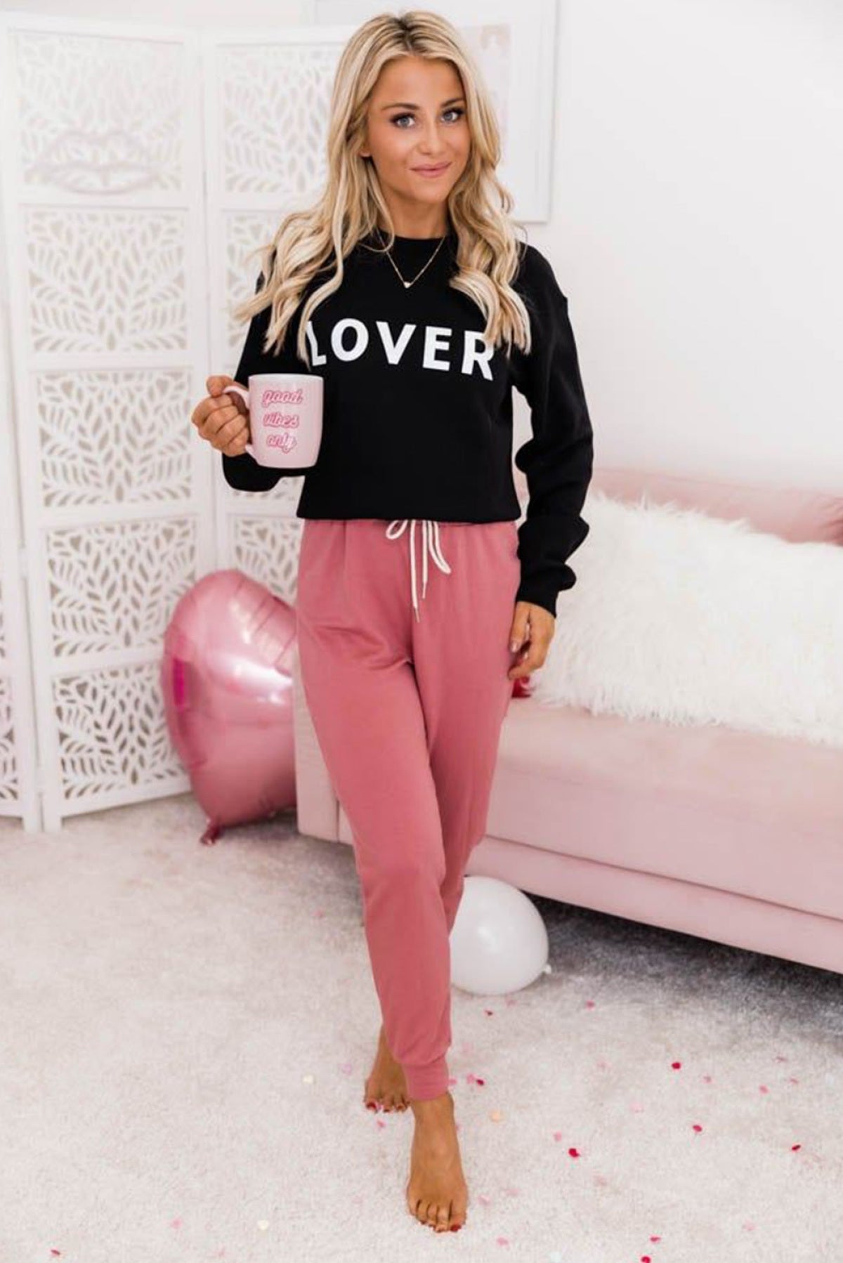 Black LOVER Letter Print Crew Neck Pullover Sweatshirt