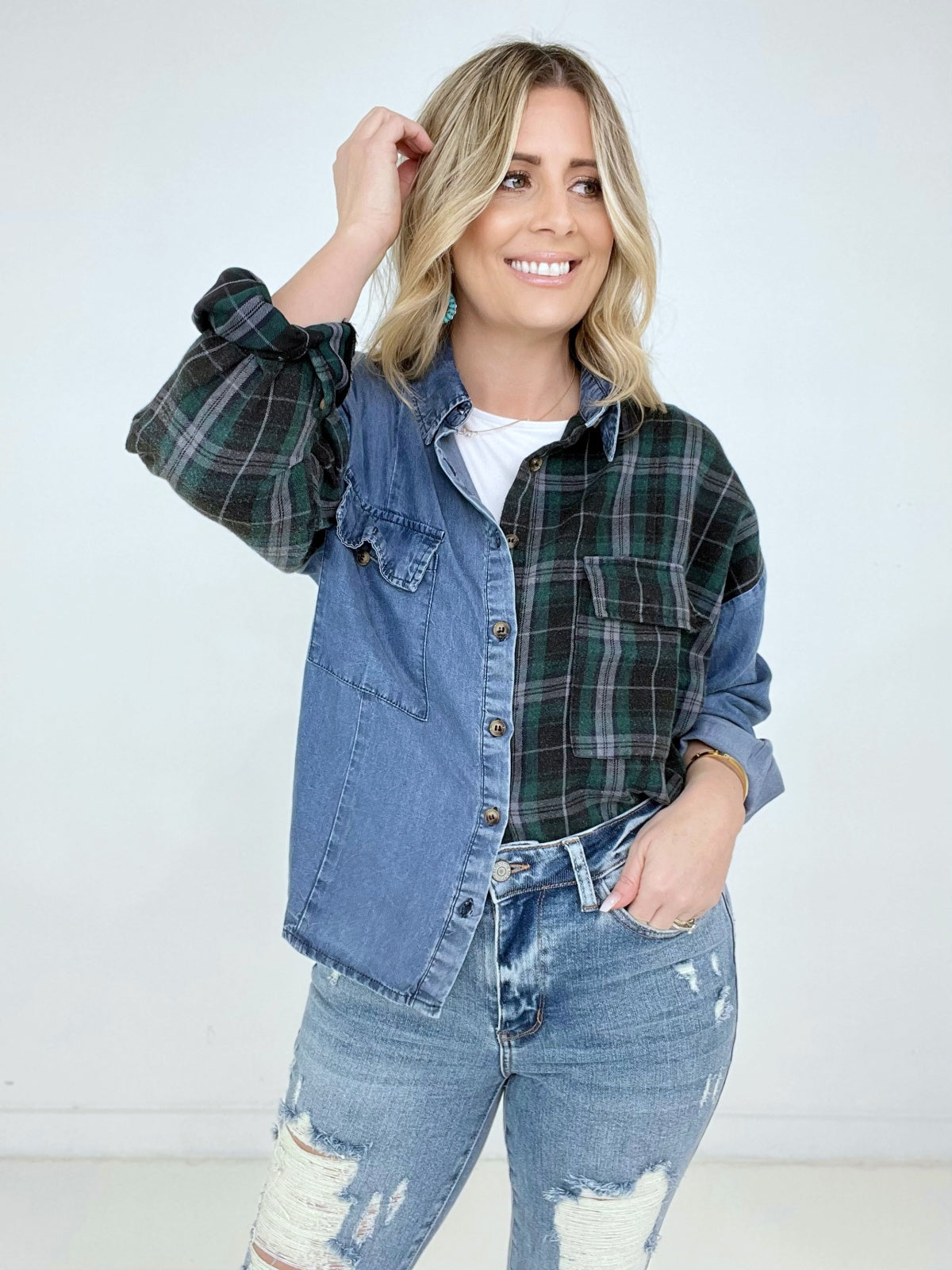 Easel "Plaid Denim Fusion" Washed Plaid Denim Shirt with Flap Pockets