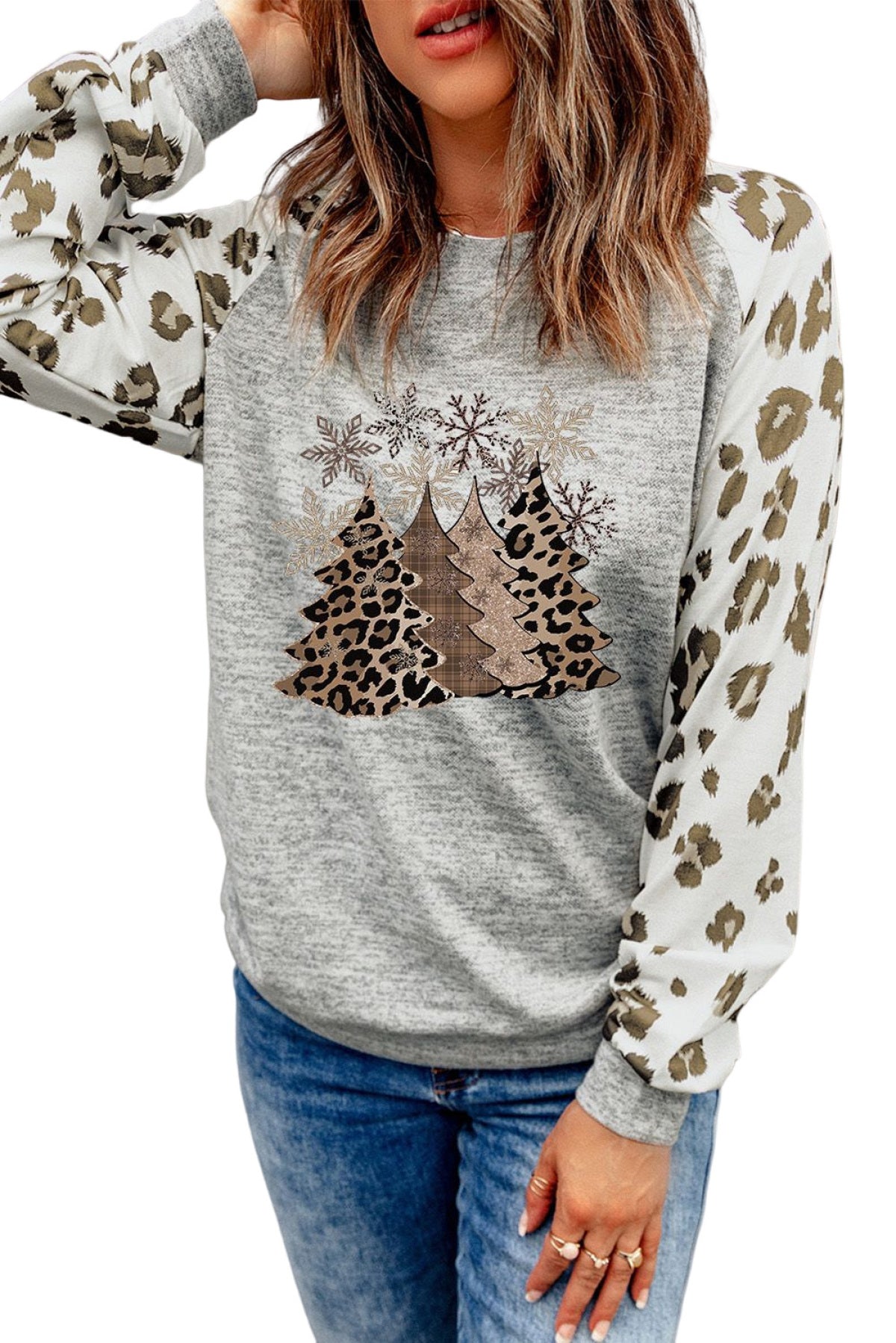 Gray Christmas Trees Graphic Leopard Raglan Sleeve Top