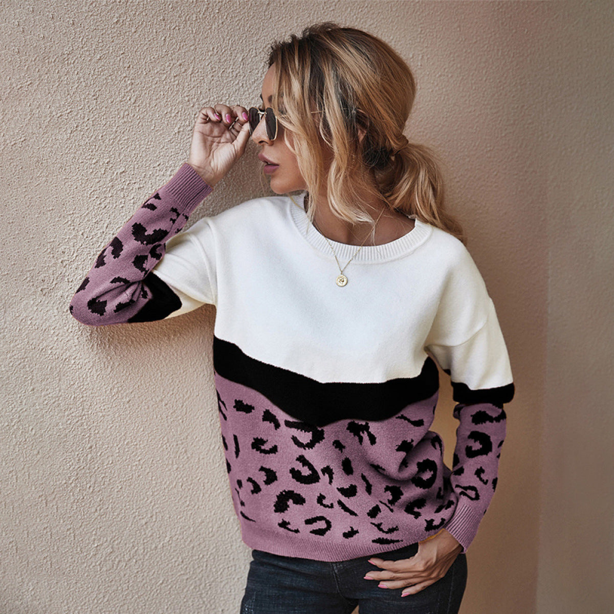 Leopard Round Neck Long Sleeve Sweater