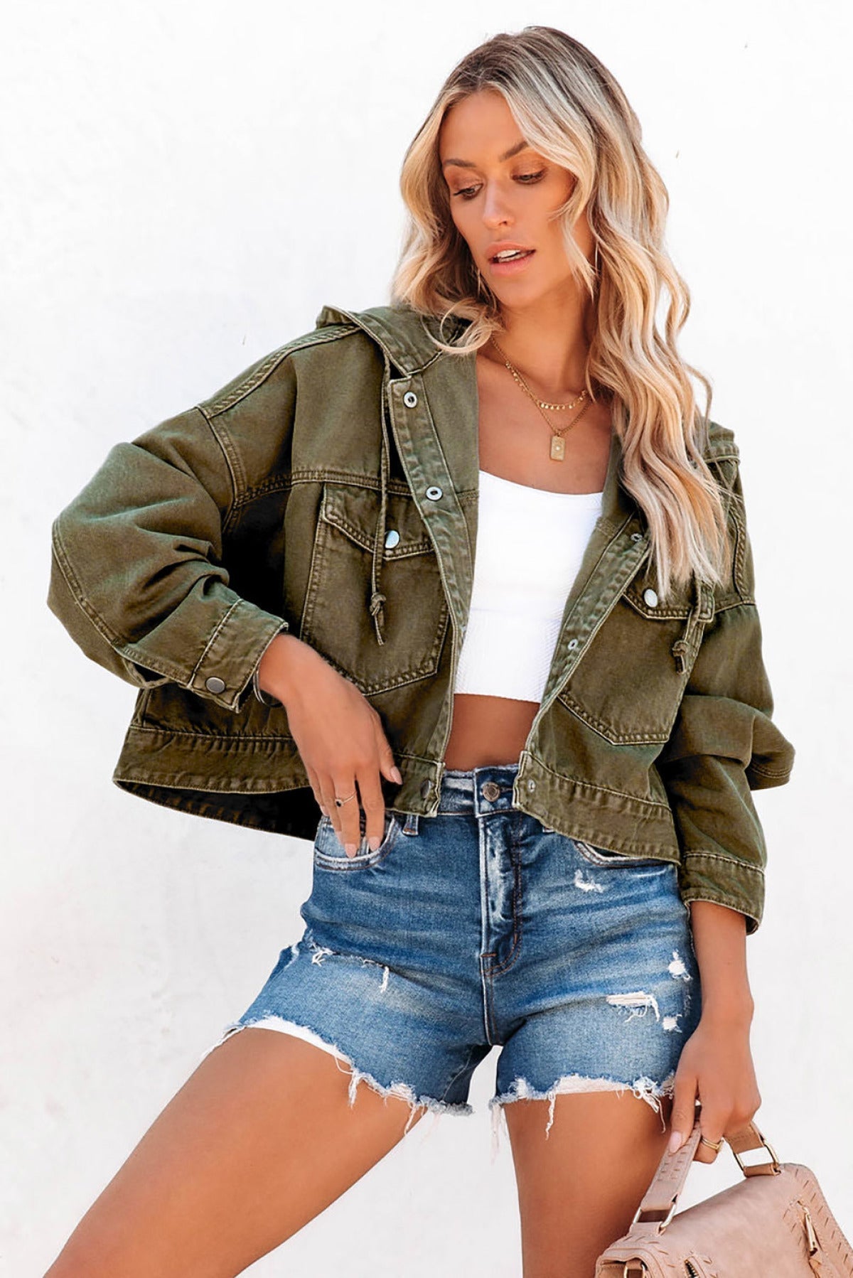 Green Large Pockets Hooded Cropped Denim Jacket