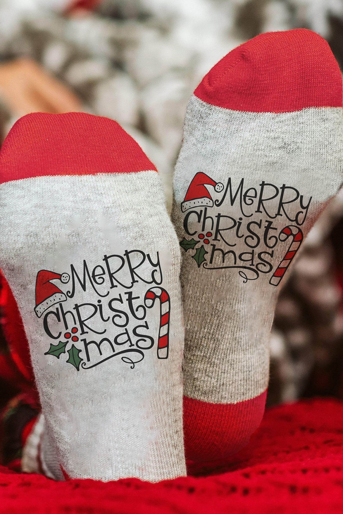 Gray Merry Christmas Graphic Knit Tube Socks