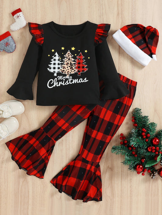 Girls Christmas Graphic Top and Plaid Flare Pants Set