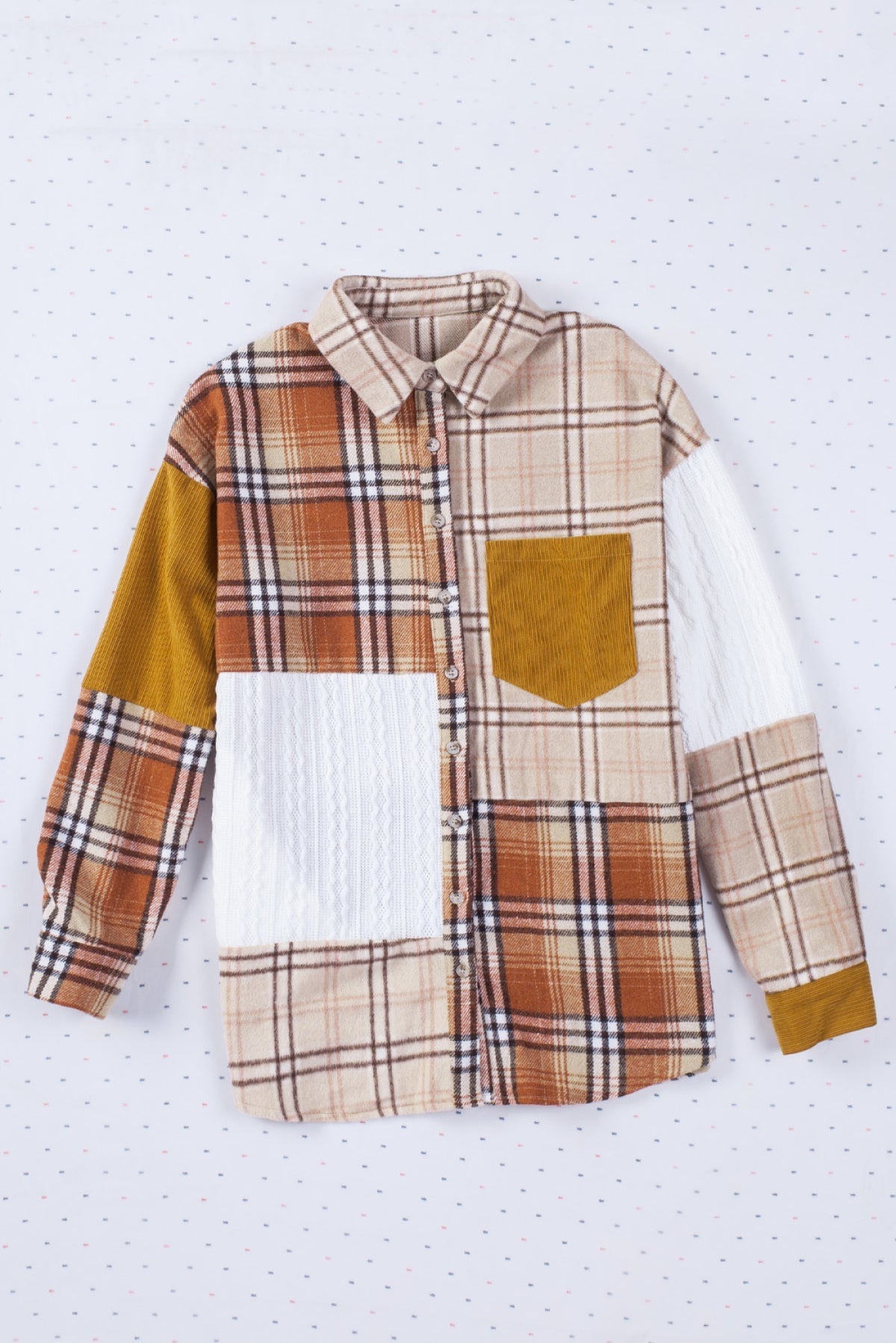 Orange Plaid Color Block Patchwork Shirt Jacket With Pocket