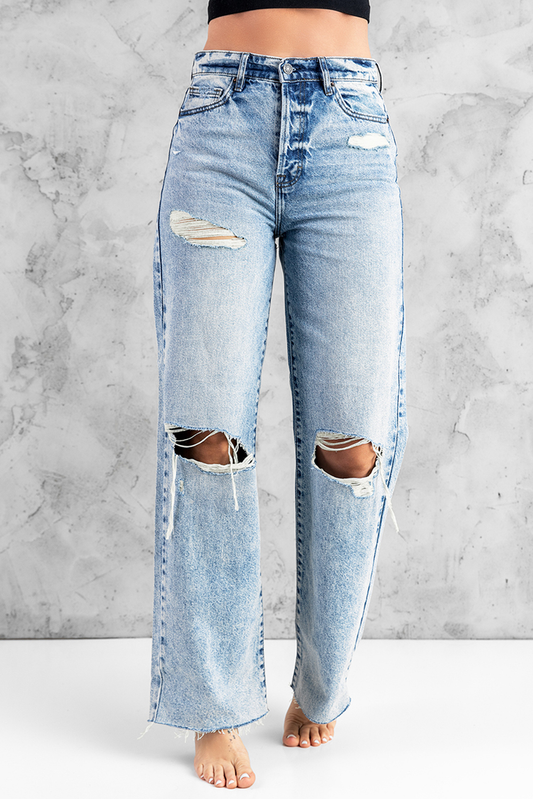 Sky Blue Distressed Hollow-Out Knees Wide Leg Jeans