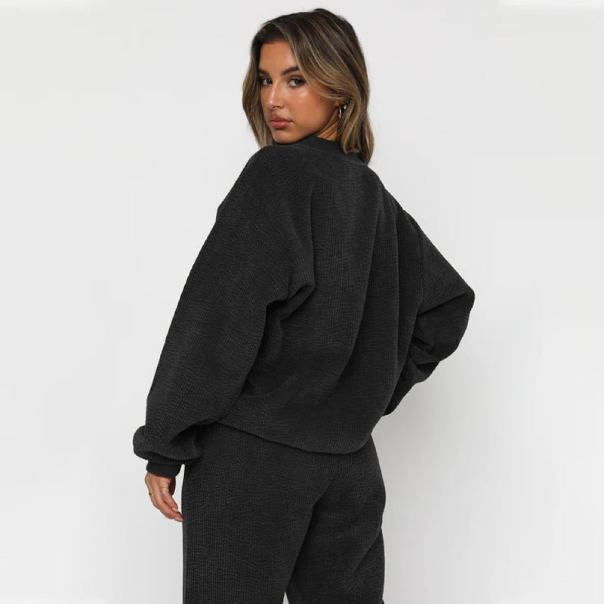 Corduroy Crew Neck Pullover Long Sleeve Sweatshirts & TiePants Two-Piece Sets