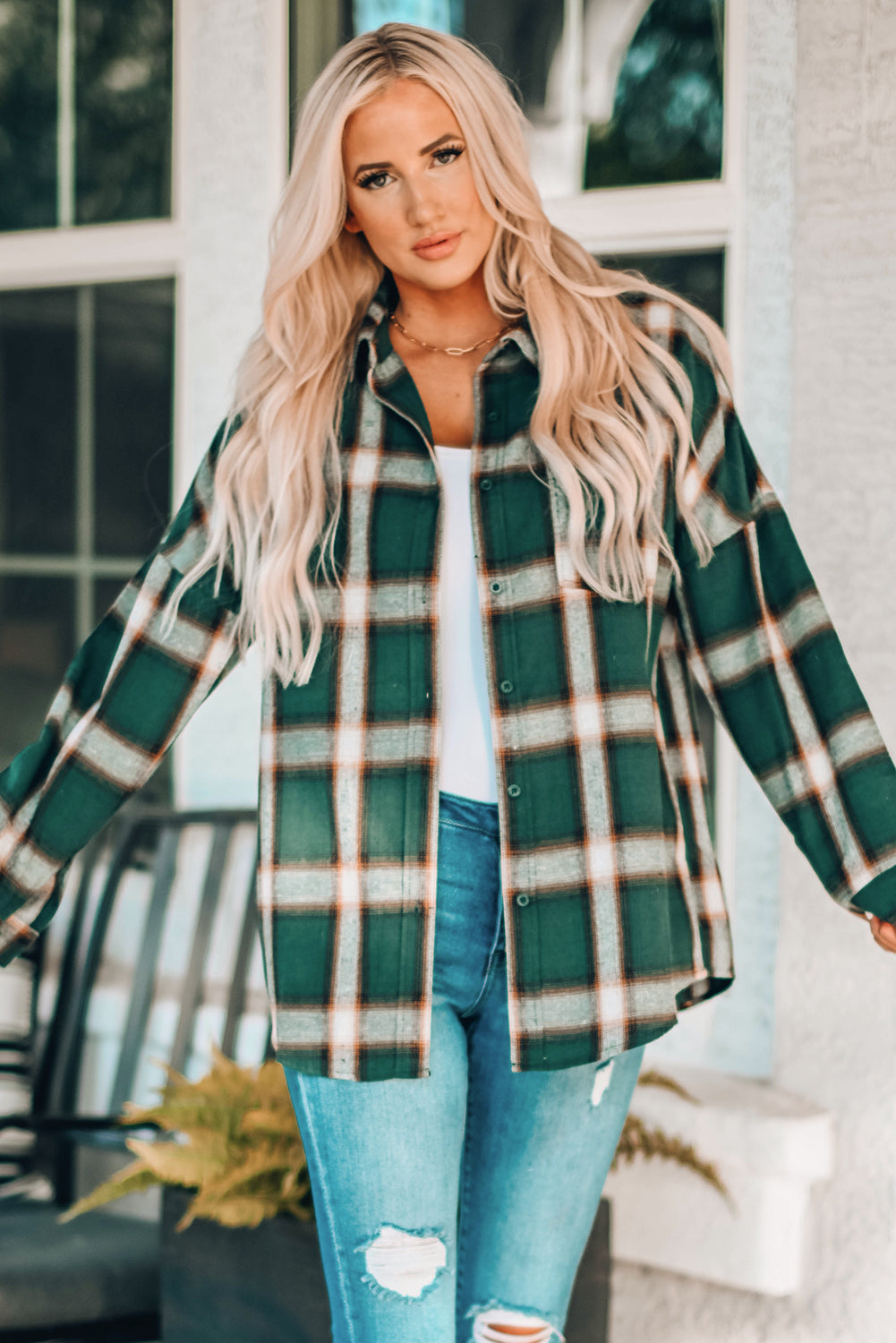 Drop Shoulder Plaid Buttons Shirt