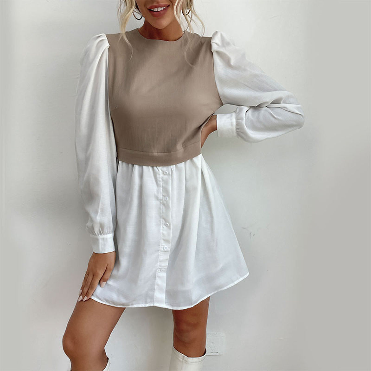 Colorblock Long Sleeve Buttoned Shirt Dress