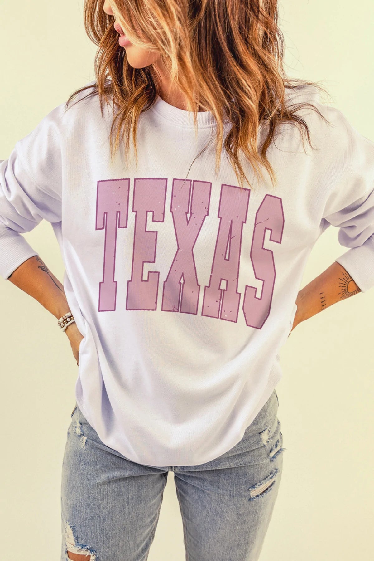 White TEXAS Drop Shoulder Oversized Pullover Sweatshirt