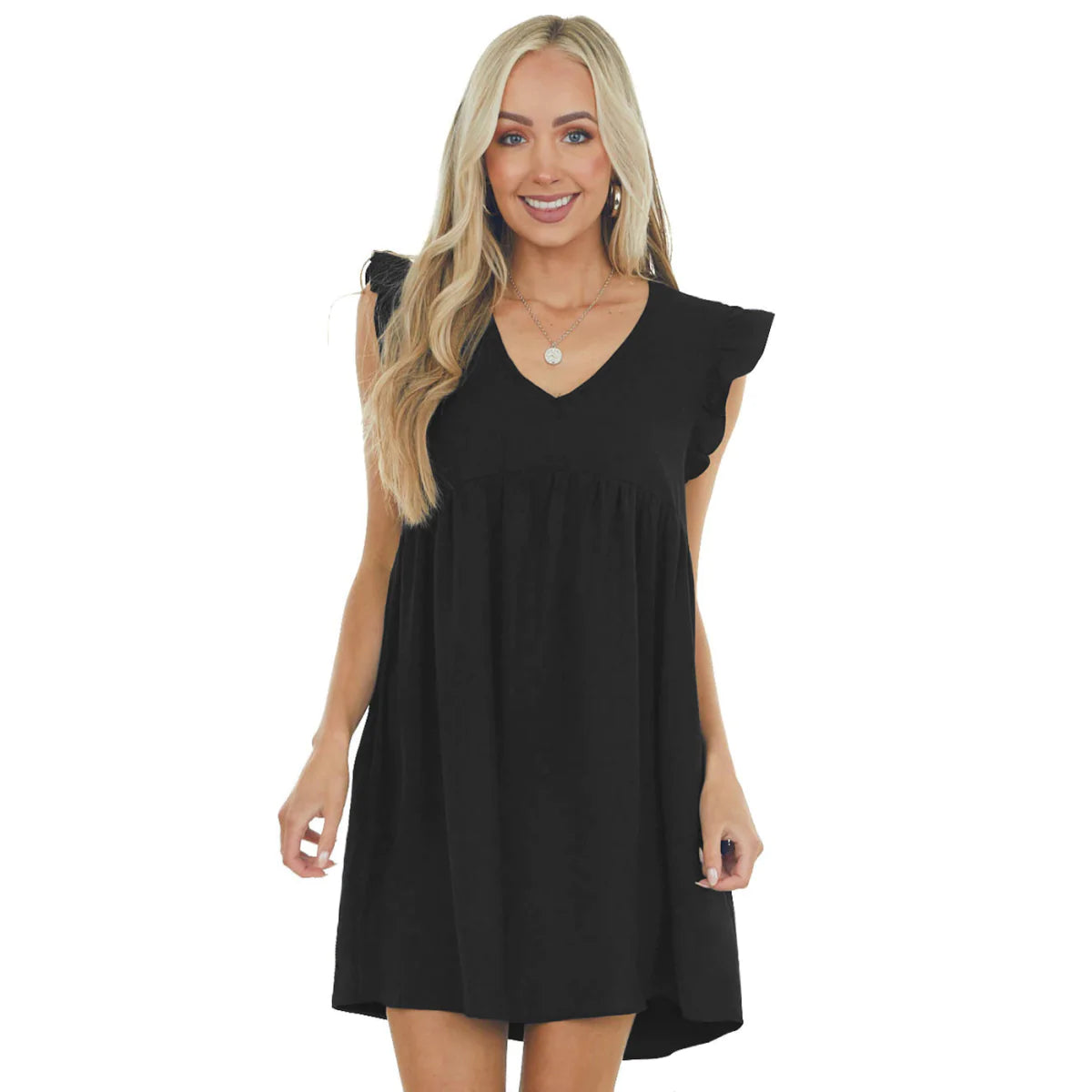 V-neck Solid Color Ruffle Sleeve A-line Mini Dress