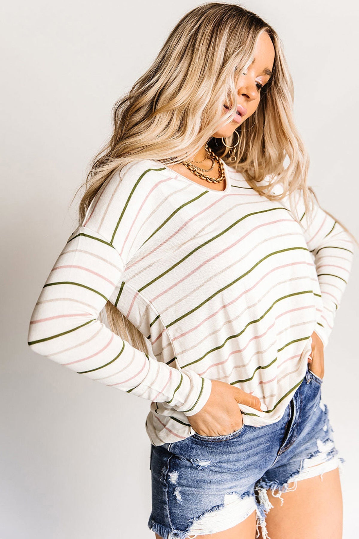 Long Sleeve V Neck Striped Print Top