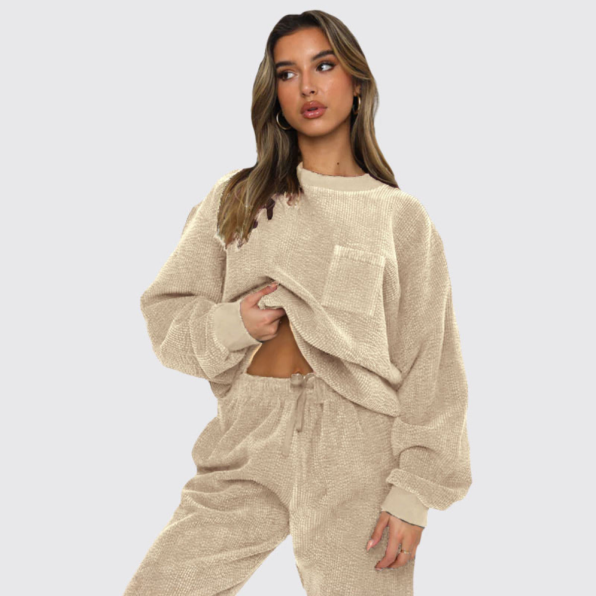 Corduroy Crew Neck Pullover Long Sleeve Sweatshirts & TiePants Two-Piece Sets