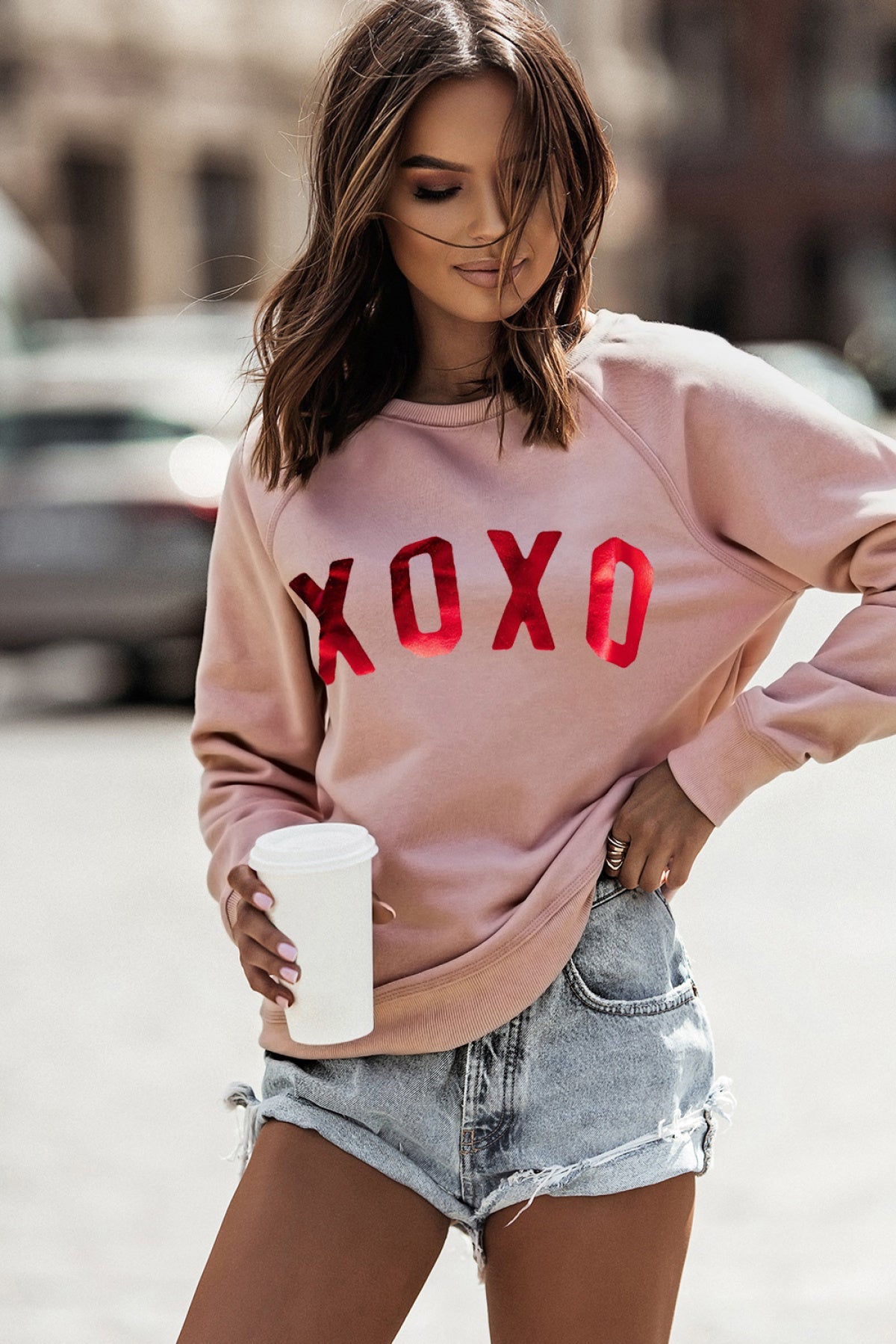 Pink XOXO Glitter Pattern Print Graphic Sweatshirt