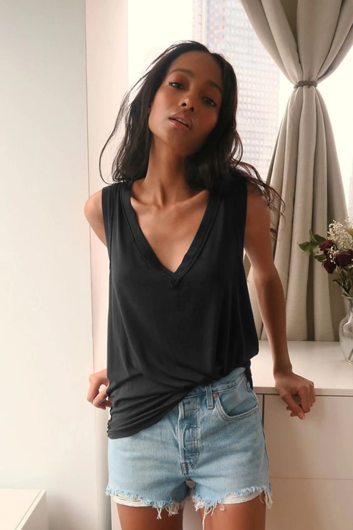 Deep V Solid Color Tank Top