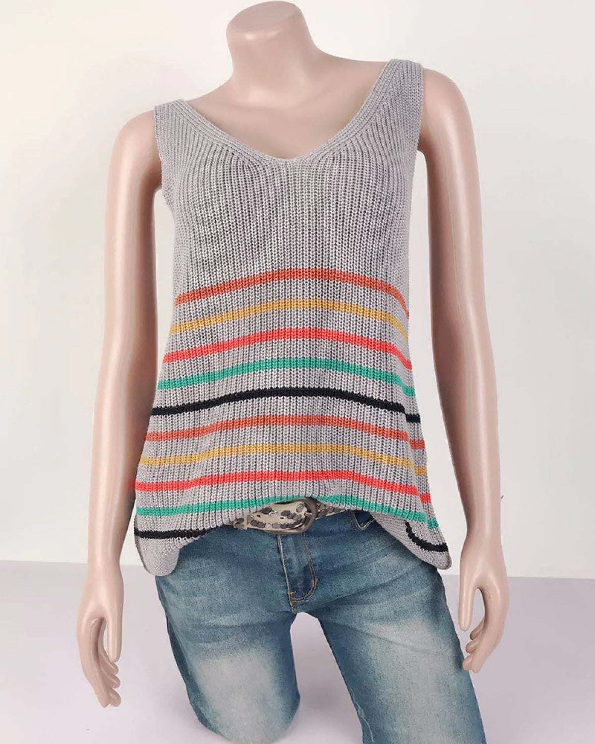 U-Neck Striped Knitted Sleeveless Vest