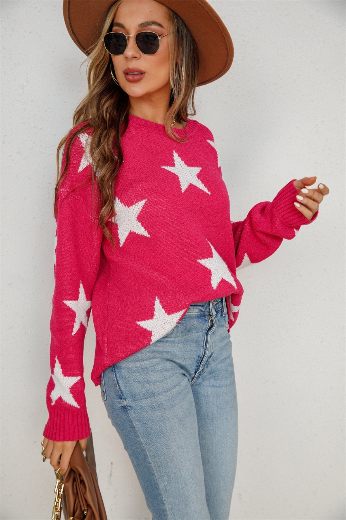 Crew Neck Long Sleeve Stars Graphics Sweater