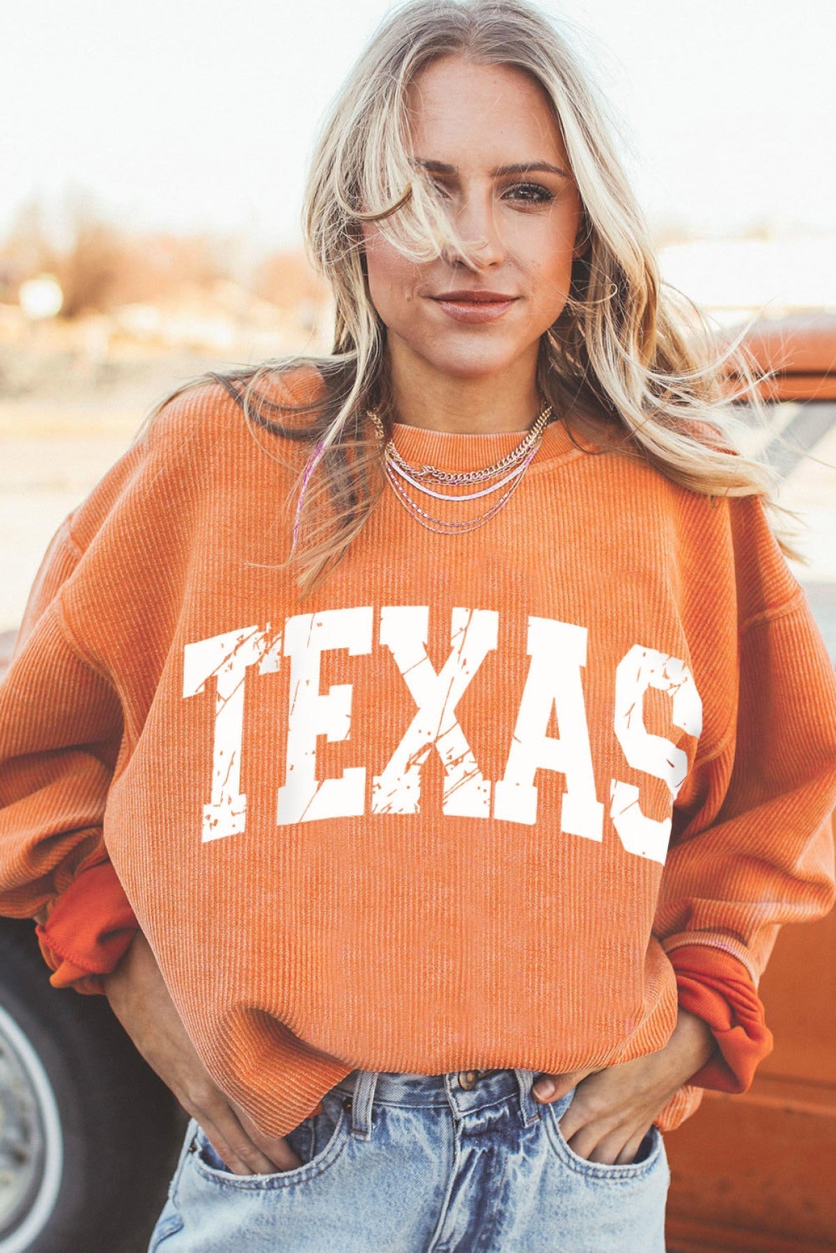 Orange TEXAS Ribbed Knit Long Sleeve Sweatshirt