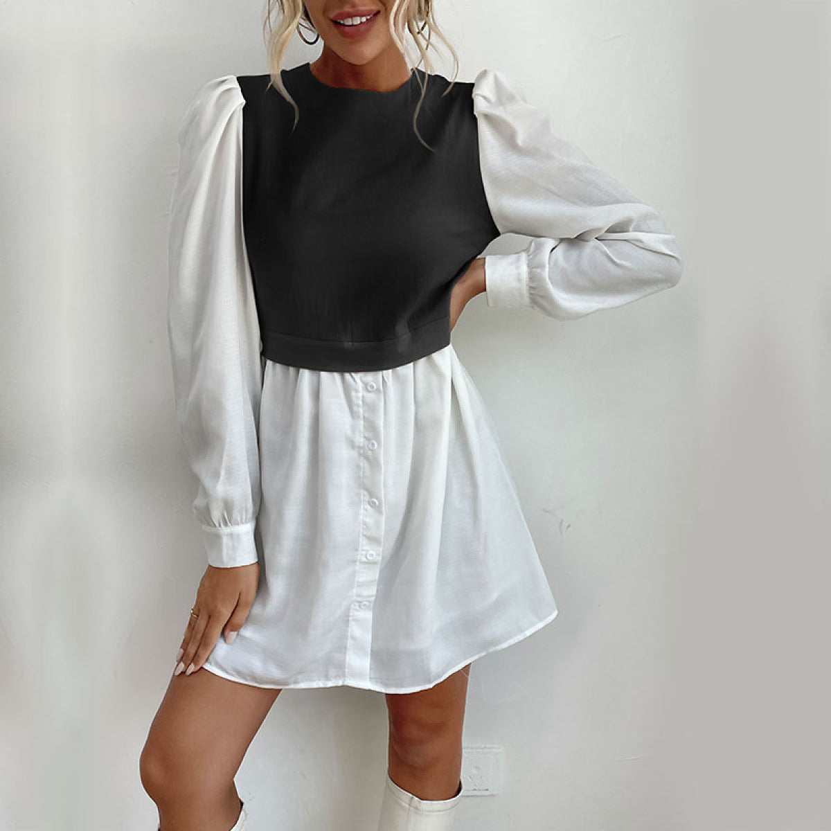 Colorblock Long Sleeve Buttoned Shirt Dress