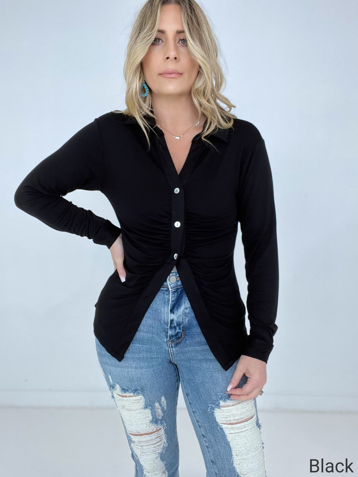 Zenana 'Ruched Romance" Long Sleeve Button Down Top with Ruched Bodice